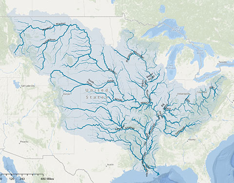 Detailed map of the Mississippi River basin and associated tributaries