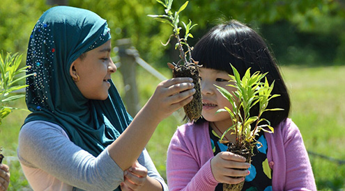 two girls talking and holding plants