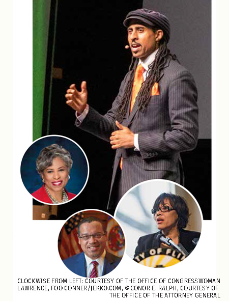 Photo of Mustafa Santiago Ali with insets of Congresswoman Brenda Lawrence, Attorney General Keith Ellison and former Flint Mayor Karen Weaver